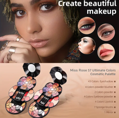 פלטת איפור MISS ROSE עם 57 צבעים : צלליות ,פודרה, סומק, שפתון ועוד